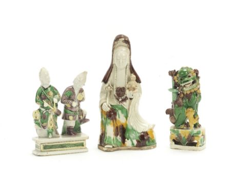 Three famille verte biscuit groupsKangxiComprising: a pair of Asian musicians, each in an animated stance on a pedestal base;