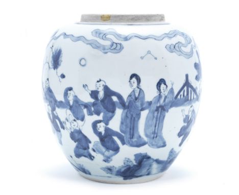 A BLUE AND WHITE 'BOYS' JARKangxiPainted with a continuous garden scene of four elegant ladies standing beside boys at play. 