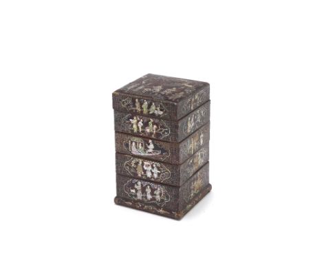 A mother-of-pearl inlaid four-tiered lacquer box and coverMing Dynasty, 17th centuryDecorated with panels of figures at leisu