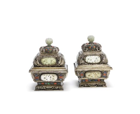A pair of jade, coral and hardstone-inset white metal incense burners and coversLate Qing Dynasty or laterOf tapered rectangu