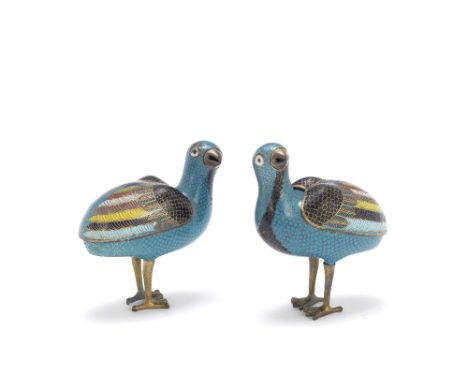 A pair of cloisonné enamel 'quail' incense burners and covers18th/19th centuryEach standing in mirror image, with the heads t