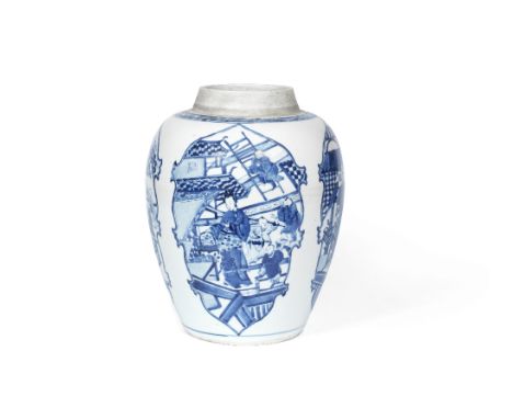 A large blue and white 'four ladies and sixteen boys' jarKangxiThickly potted in an ovoid shape, boldly painted in underglaze