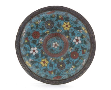 A cloisonné enamel cup standMing DynastyThe circular dish with a central raised plinth to hold a small cup base, decorated wi