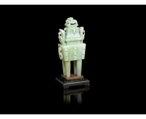 A jadeite incense burner and cover, fangdingWith lingzhi spray and loose ring handles, with chilong finial, fitted wood stand