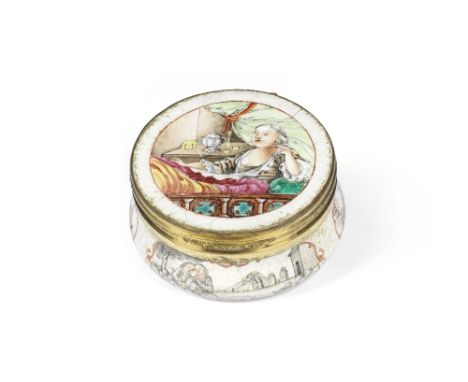 A famille rose porcelain snuff box18th centuryDecorated to the cover with an elegant European lady seated in an interior, the