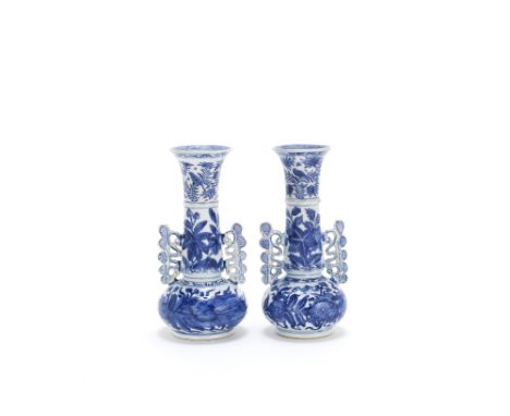 A pair of blue and white 'Venetian glass' form vasesKangxiEach with compressed rounded bodies rising to tall cylindrical neck