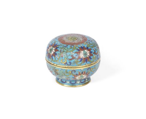 A cloisonné enamel circular box and cover18th centuryDecorated with a central flowerhead surrounded by a meander of flowering