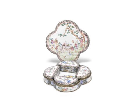 An unusual famille rose Canton enamel sweetmeat set of five boxes and covers18th centuryThe box with four lobes at the compas