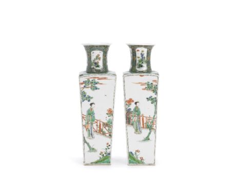A pair of famille verte vasesKangxiOf tapering rectangular form, variously decorated with scenes of ladies in fenced gardens 