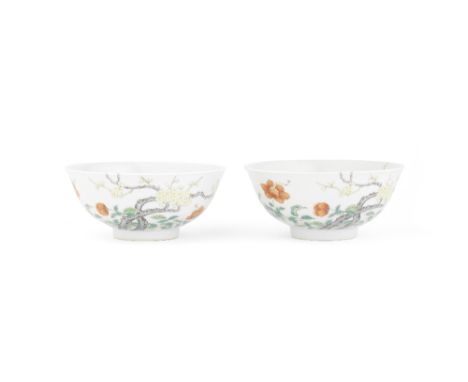 A rare pair of polychrome enamel 'prunus' bowlsShendetang four-character marks, DaoguangEach bowl delicately enamelled to the