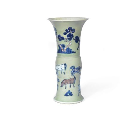 A celadon, blue and copper red beaker vase, guKangxiCarved in low relief with the Eight Horses of Muwang in landscapes of pin