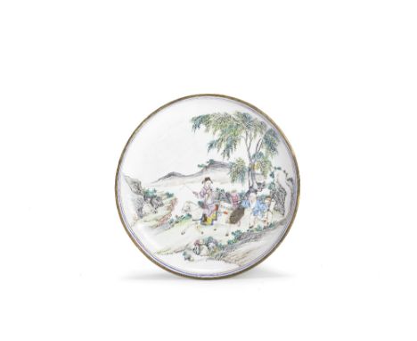 A painted enamel dish18th centuryFinely painted with an equestrian gentleman followed by a boy attendant on foot, on a tree-s