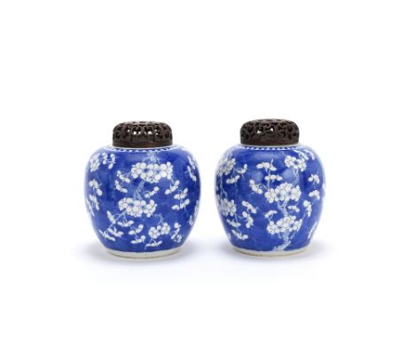 A pair of blue and white beaker vases and a pair of prunus jarsKangxiEach cylindrical body decorated with three registers, th
