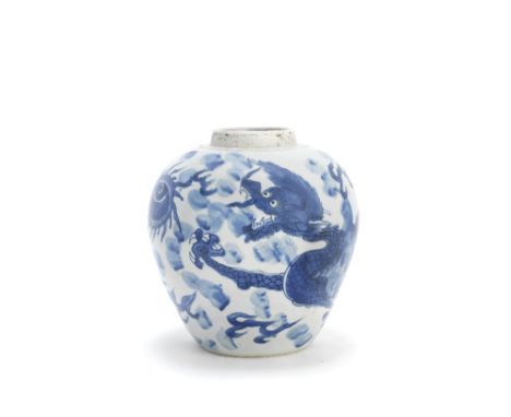 A blue and white 'dragon' jar17th centuryThe sturdily potted vessel boldly painted around the body with a four-clawed dragon 