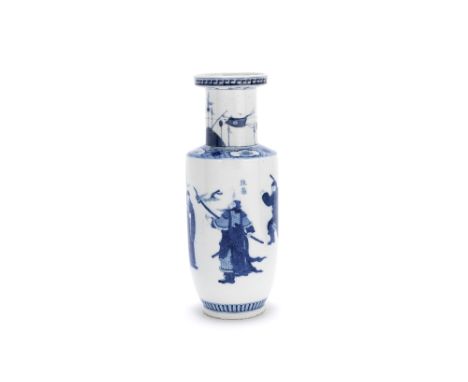 A blue and white 'Three Kingdoms' rouleau vaseKangxi six-character mark, GuangxuDecorated around the body with five figures b
