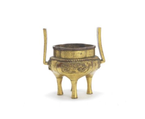 A Chinese gilt copper tripod incense burner18th centuryOf quatre-lobed form with upright gently curving angular handles, the 