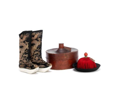 A purple ground 'dragon' robe and costume accessories19th/20th centuryComprising: a purple ground 'dragon' robe, woven with d