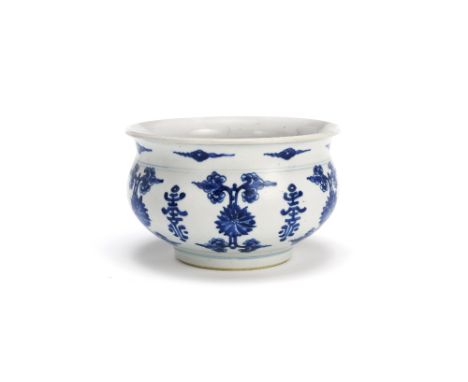 A blue and white incense burnerKangxiOf bombe form with flaring rim, decorated with lotus pendants and foliage alternating wi