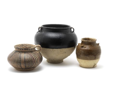 Three early-ware jarsNeolithic to Song DynastyComprising: A painted pottery jar decorated in red and black with geometric des