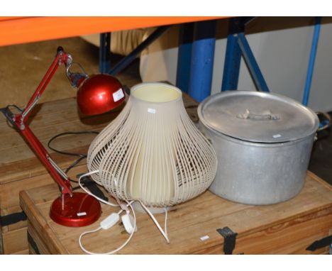 ANGLE POISE LAMP, 1 OTHER LAMP, ALUMINIUM PANS ETC     