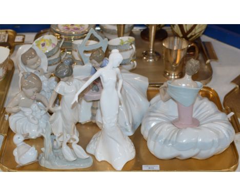 TRAY WITH VARIOUS FIGURINE ORNAMENTS, NAO, COALPORT ETC     