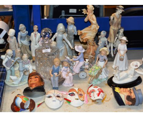 COLLECTION OF VARIOUS LEONARDO FIGURINE ORNAMENTS, DECORATIVE WALL MASKS, DECANTER, ORIENTAL TEA WARE ETC     