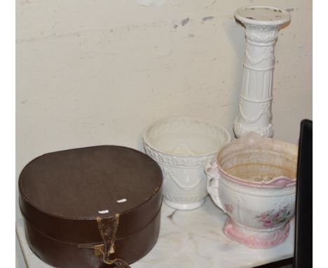 LEATHER FINISHED HAT BOX, PLANTER &amp; STAND &amp; 1 OTHER PLANTER