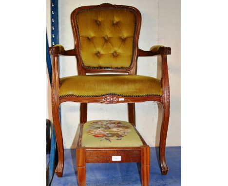 REPRODUCTION MAHOGANY PADDED BEDROOM CHAIR &amp; TAPESTRY TOP STOOL     