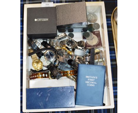 BOX WITH VARIOUS VINTAGE WRIST WATCHES, COINS ETC     