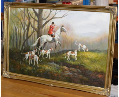 GILT FRAMED OIL ON BOARD - FOX HUNTING SCENE