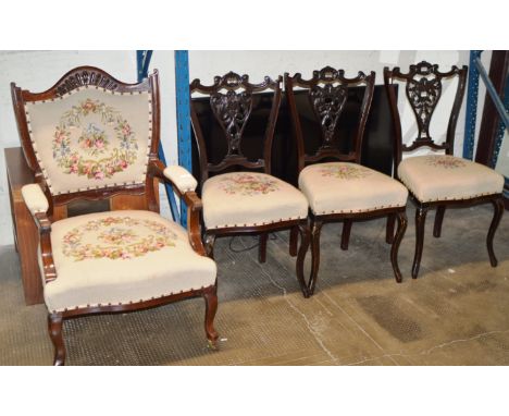 3 ORNATE VICTORIAN MAHOGANY CHAIRS WITH TAPESTRY SEATS &amp; 1 OTHER MAHOGANY CHAIR     
