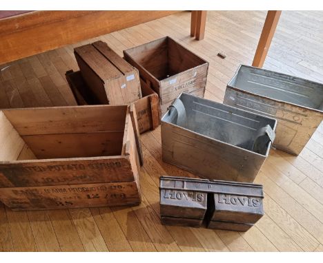 Four early advertising wooden crates to include- Dow's Vintage Port, F.M.S farm products, Chopped Pork and Fancy Pears togeth