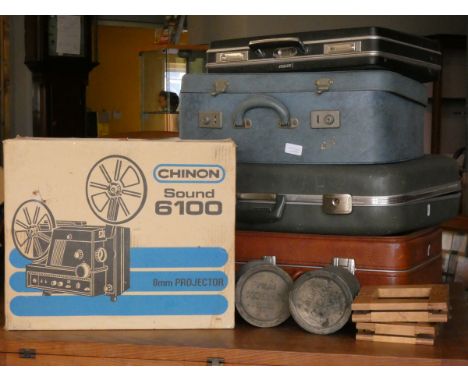 A boxed Chinon 8mm projector, a Kodak Bakelite folding camera, free standing flash light and accessories along with assorted 