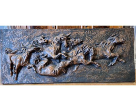 A fibreglass relief panel of horses galloping, 48 x 120 cm and a print of an owl (2) 