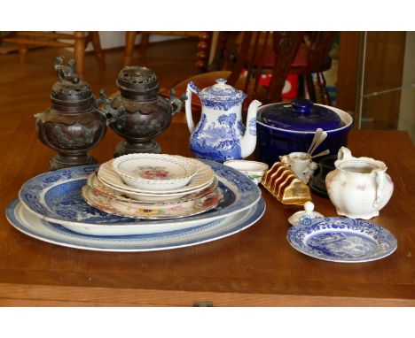 Two large Willow pattern meat platters, together with a Spode coffee pot, a pair of 20th Century metal Oriental vases (af). 