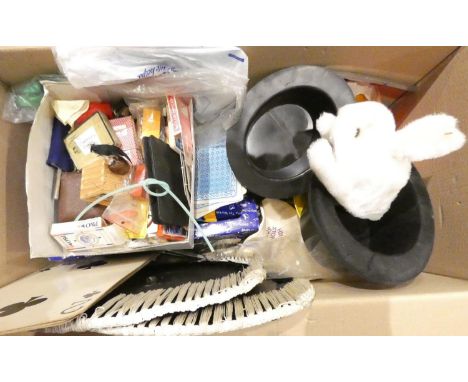 A quantity of children's magic tricks to include- wands, rabbit in a hat, playing cards, bow-ties, domino', games, etc. 