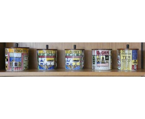 A collection of Jie Gantofta Swedish 1960's ceramic storage jars consisting of, biscuits, two coffee, sugar and tea. (5) 