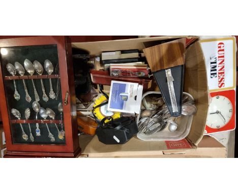 A Guinness Time advertising clock/light together, with a five drawer telescope, souvenir tea spoons, plated cutlery, paper te