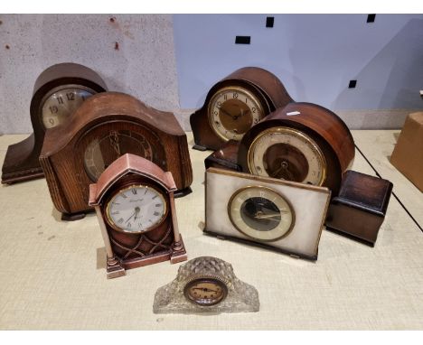 A collection of mantle clocks including a mahogany cased westminster chime, and other manual wind examples. 