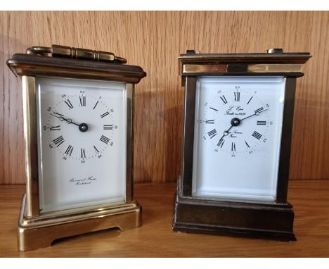A brass carriage time piece, with white enamel dial, signed Bernard Freres, the movement signed Made in France11 cm and anoth