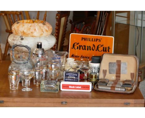 Art Deco glass light shades together , with a set of Babycham glasses, 'Senior Service' water jug, meat platters and drinking
