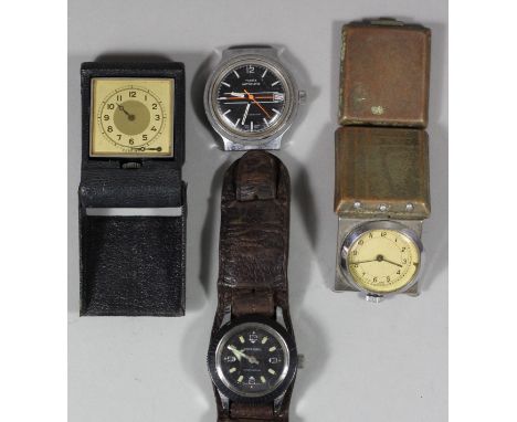 An Ilona Coral stainless steel wristwatch, a Timex automatic wristwatch, two travelling watches and a green box stamped rolex