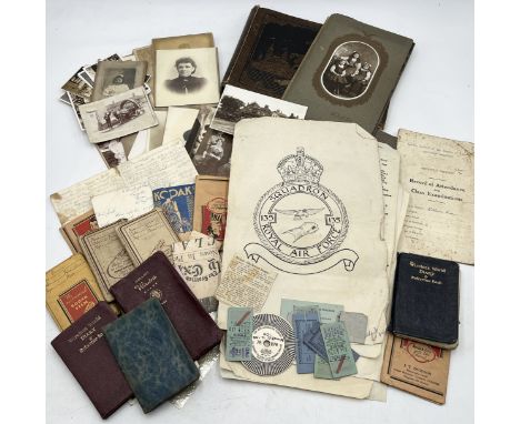 A collection of various ephemera including vintage photographs and album, numerous postcards along with a number of typed scr