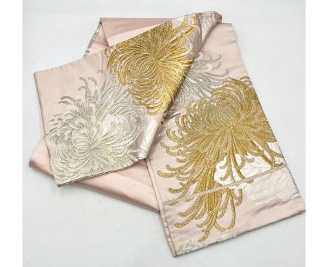 Japanese silk embroidered and woven silk long Obi sash, with gold and silver threads in chrysanthemum pattern to one side - o