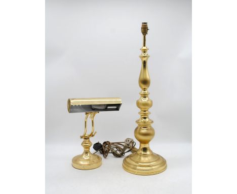 A brass bankers style lamp, along with a brass table lamp