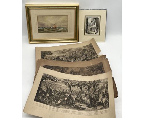 A collection of pictures and etchings including a framed watercolour of a ship signed ML, three Le Brun etchings published by