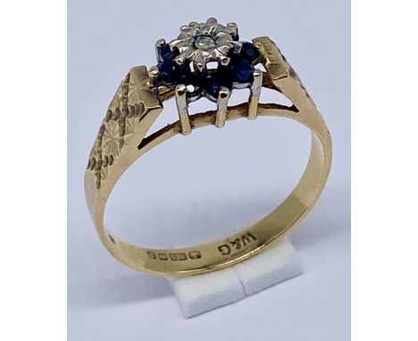 A 9ct gold sapphire and diamond cluster ring, weight 2.3g, size O