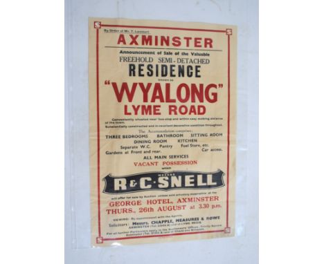 An R&C Snell (Axminster) poster for the sale of Wyalong, Lyme Road, Axminster, dated Thursday 26th August - local interest - 
