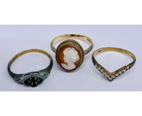 A 9ct gold cameo ring along with two others