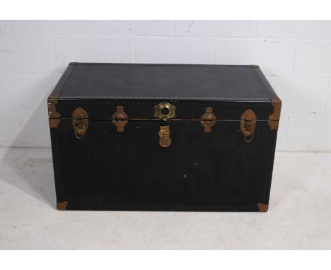 A large black metal-bound cabin trunk - length 102.5cm, depth 56.5cm, height 58cm